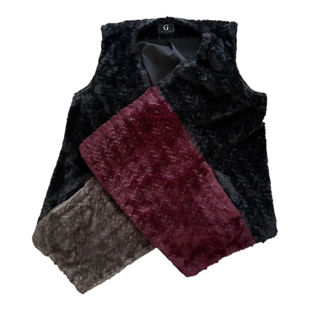G by Giuliana Womens Faux Fur Vest Black Red & Brown Open Lapels M